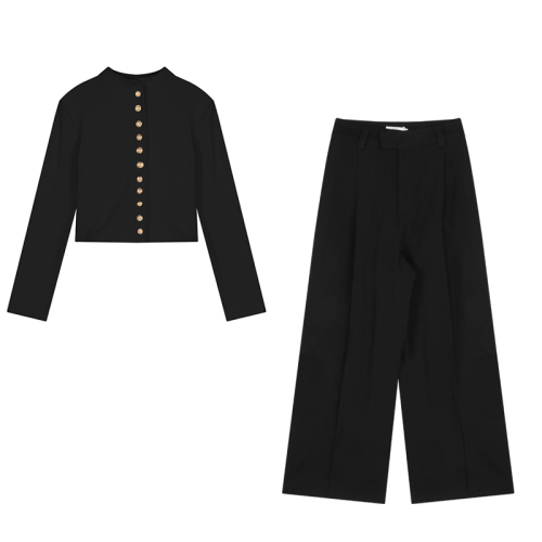 Wealthy daughter's outfit set, metal buckle stand-up collar sweater cardigan for women, autumn high-waisted floor-length wide-leg pants two-piece set