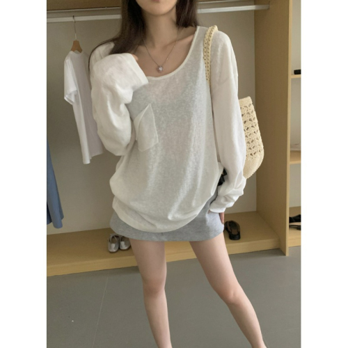 Thin sun protection blouse women's low U-neck white long-sleeved T-shirt spring and autumn chic relaxed and lazy style top