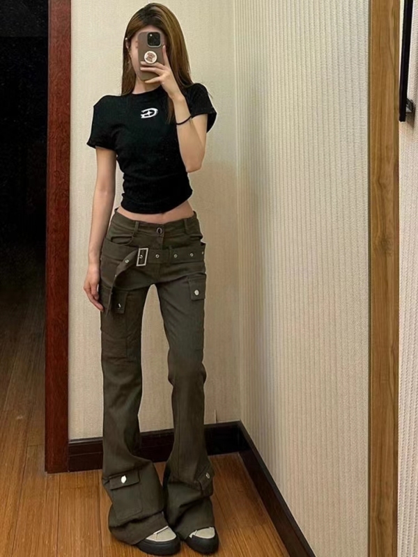 American street hot girl jeans with patchwork belt, multi-pocket micro-flare overalls