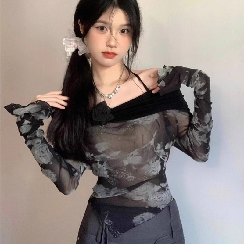 Sweet cool hottie one-shoulder spring and autumn long-sleeved short t-shirt tops women's chic halterneck mesh blouse