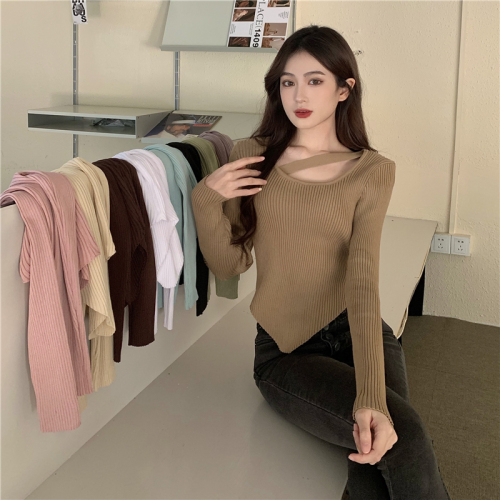 Actual shot of autumn and winter Korean style slim-fitting design slanted halterneck style pure desire knitted bottoming shirt