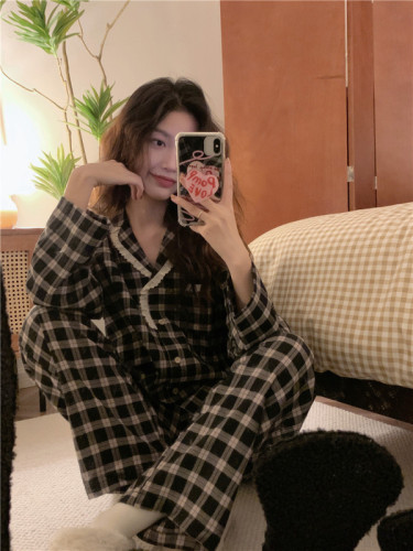 Spring and Autumn Korean style lazy plaid ins casual lapel long sleeve sweet home wear pajamas set for women