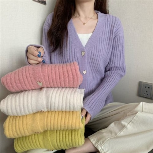 Autumn Knitted Cardigan Long Sleeve Love Button Sweater Short Women's Lazy Knitted Cardigan Jacket