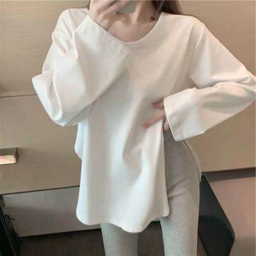 Double-sided German velvet pure cotton white V-neck bottoming shirt for women with long sleeves