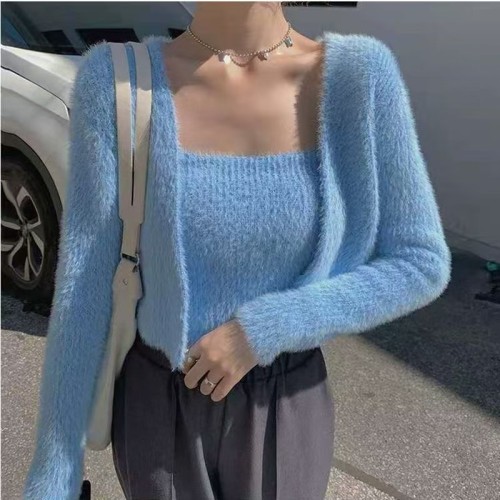 2024 Spring and Autumn New Loose Cardigan Knitted Sweater Jacket Women's Camisole Top Imitation Mink Velvet Two-piece Set