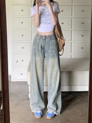 Women's distressed vintage high-waisted jeans for small women, straight-leg loose slimming raw edge wide-leg floor-length trousers