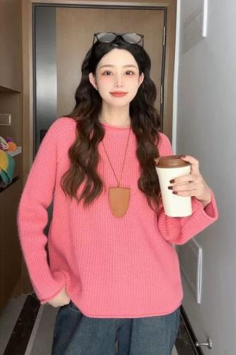 Orange round neck pullover sweater for women in autumn and winter, Korean atmosphere, lazy style sweater, early autumn chic top