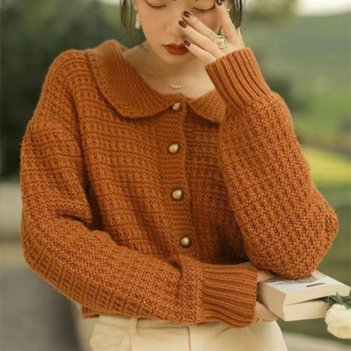 Korean chic loose age-reducing college style cute doll collar knitted winter cardigan long-sleeved sweater short coat for women