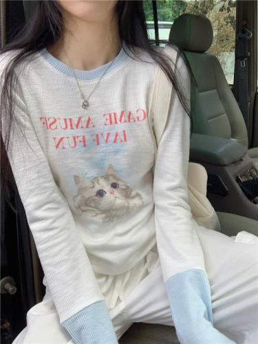 Slim fit cat print long sleeve T-shirt