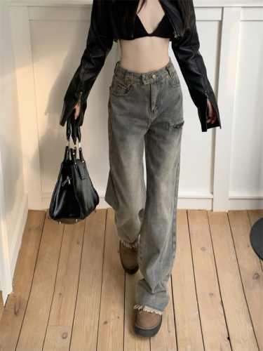 American retro workwear jeans for women, high-waisted raw edge straight-leg drapey floor-length trousers, distressed wide-leg trousers