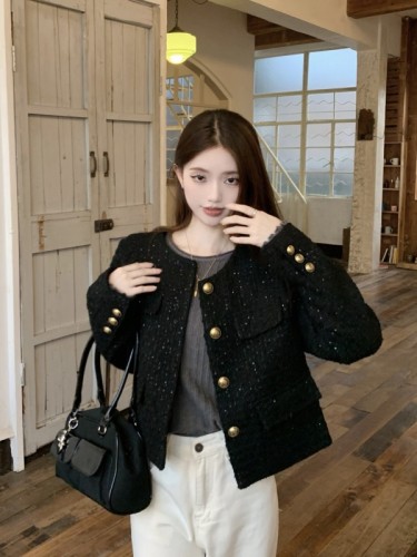 High-end sequined short fragrant jacket + solid color versatile bottoming shirt