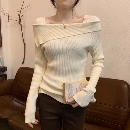 Korean style design one-line collar knitted bottoming top