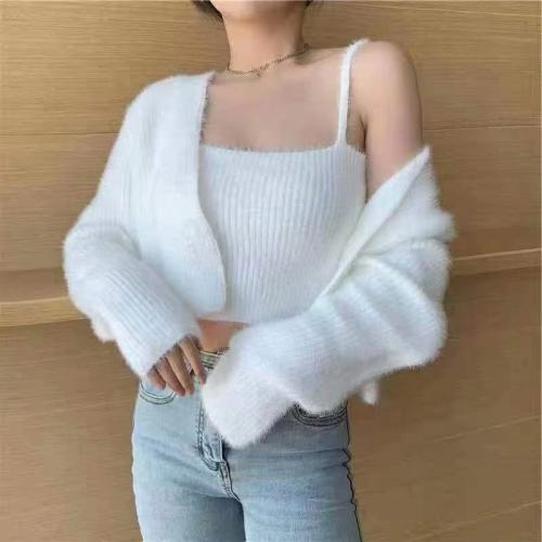 2024 Spring and Autumn New Loose Cardigan Knitted Sweater Jacket Women's Camisole Top Imitation Mink Velvet Two-piece Set