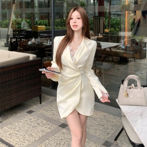 Actual shot French slimming temperament spliced ​​lace slim fit mid-length suit jacket for women