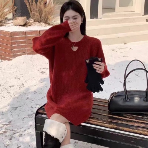 2024 new winter style pullover bright silk thread loose and versatile Korean style mid-length wool knitted sweater dress for women