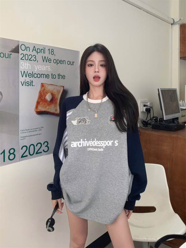 American contrasting color pullover round neck letter print mid-length loose and slim raglan long-sleeved sweatshirt