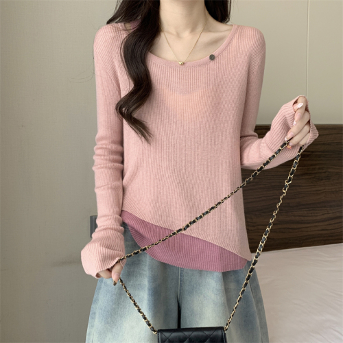 Actual shot of new sweet style contrasting color stitching fake two-piece knitted sweater loose top