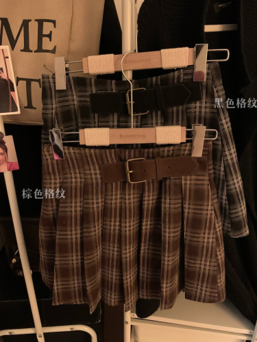 ~American retro plaid design stitched belt high waist A-line pleated skirt skirt