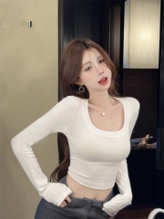 Hot girl slim fit T-shirt women's autumn tight short long-sleeved bottoming shirt outer top