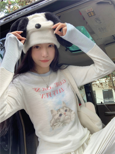 Slim fit cat print long sleeve T-shirt