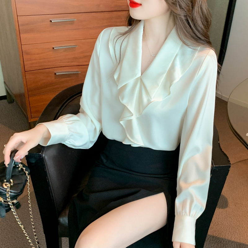 Autumn new satin women's design niche shirt women's French long-sleeved chiffon top