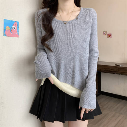 Actual shot of new sweet style contrasting color stitching fake two-piece knitted sweater loose top