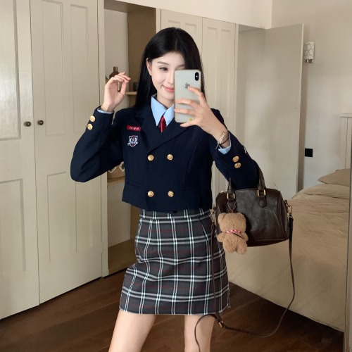 Real shot of college style blazer women's autumn and winter short jk uniform suit British small suit hip skirt