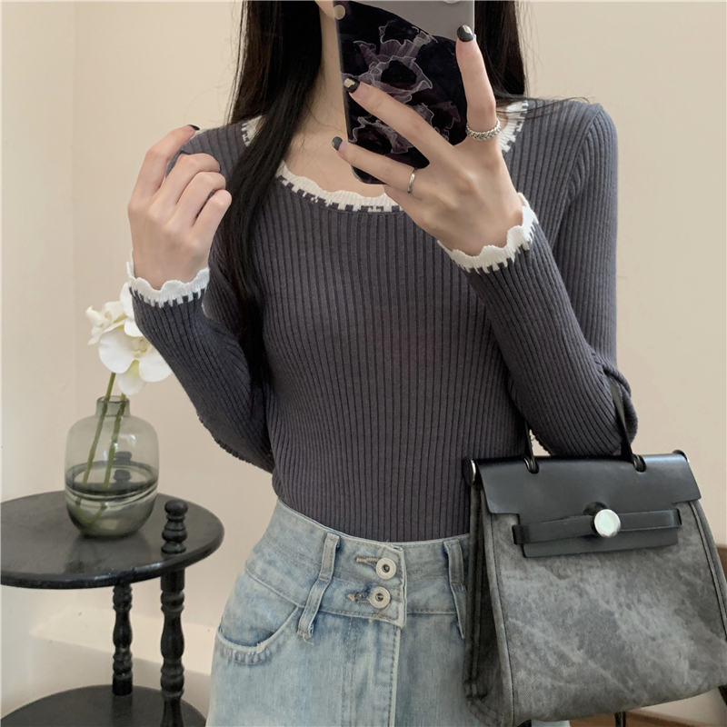 Real shot, real temperament, contrasting color slim fit sweater for women with square neck and long-sleeved sweater top