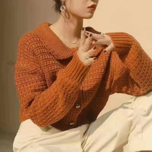 Korean chic loose age-reducing college style cute doll collar knitted winter cardigan long-sleeved sweater short coat for women