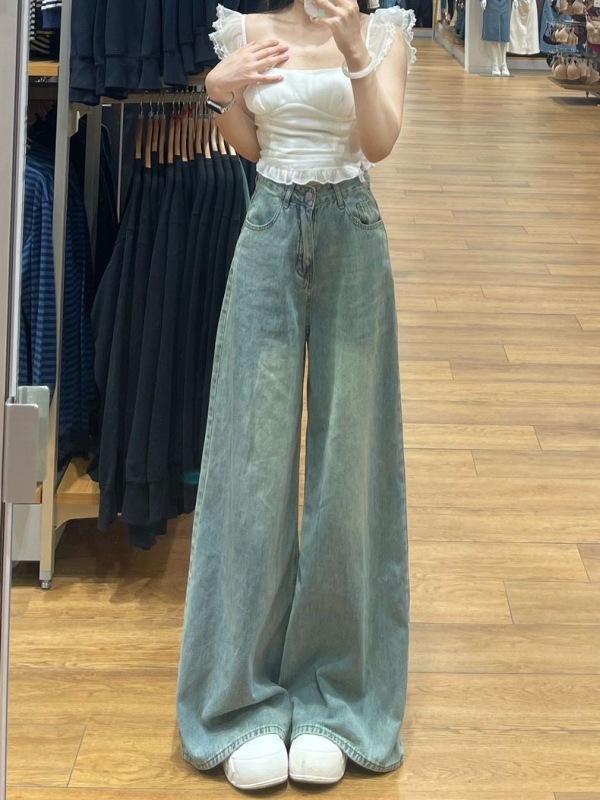 American high-waisted straight-leg jeans for women in autumn new thin floor-length mopping pants loose slimming wide-leg pants