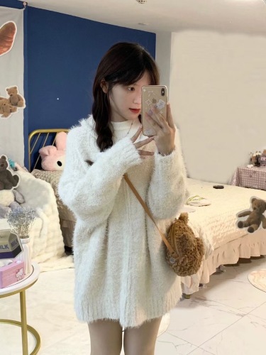 Imitation mink# Lazy style sweater cardigan coat for women autumn and winter furry loose zipper hooded sweater top