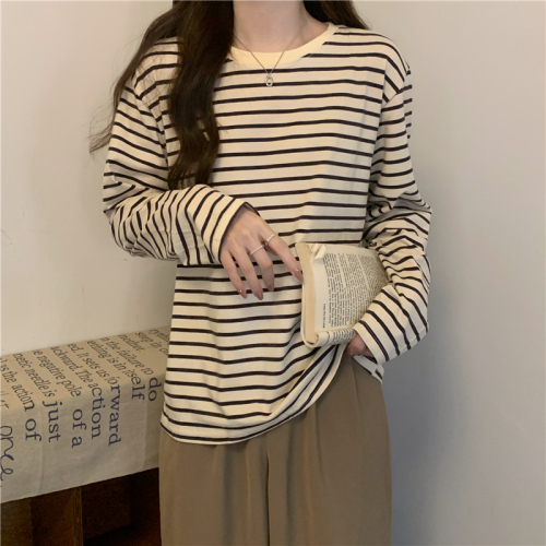 New autumn and winter loose round neck college retro pure cotton striped long-sleeved loose T-shirt bottoming shirt for women
