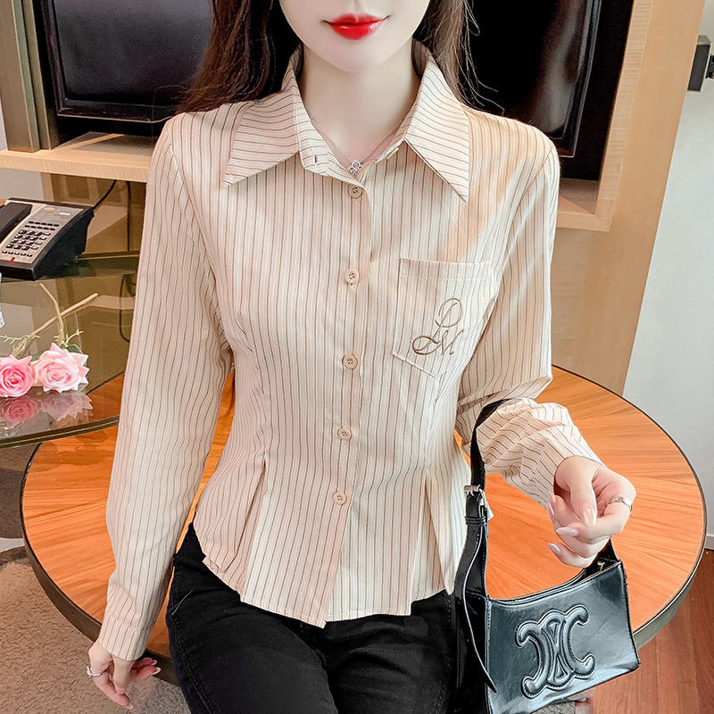 Autumn new striped waist Korean embroidery slimming long-sleeved top