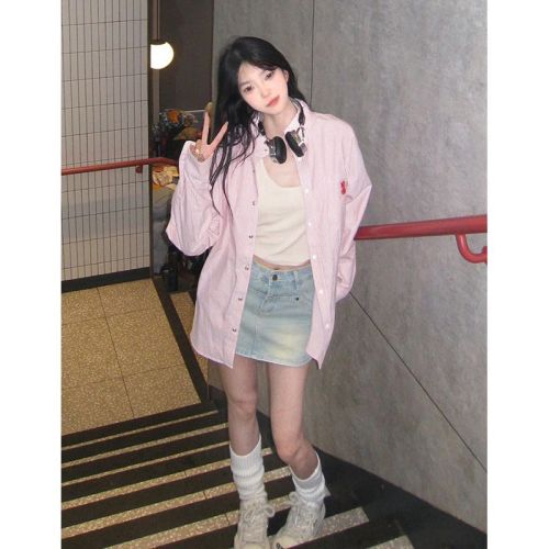 College style pink shirt for women 2024 spring and autumn contrast striped polo collar shirt jacket American loose top trendy