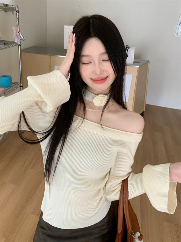 Knitted casual solid color flower strap bell sleeve sweater pure desire ruffle one-line collar sweater