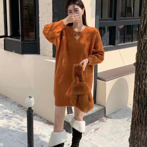 2024 new winter style pullover bright silk thread loose and versatile Korean style mid-length wool knitted sweater dress for women