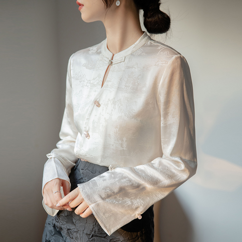 New Jacquard Acetate New Chinese Button Shirt Women's Autumn Design Niche Top