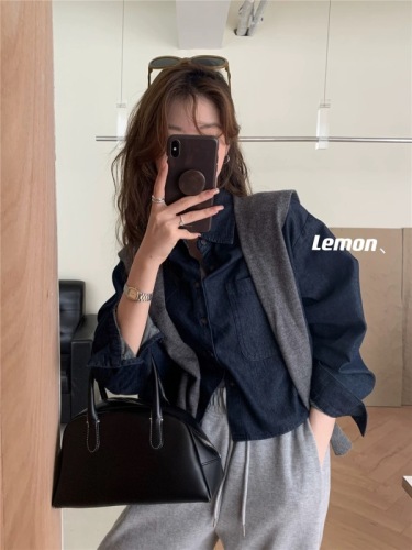 THE LEMON Lemon Green Tea Retro Dark Denim Shirt Women's Autumn Loose and Versatile Long-sleeved Shirt