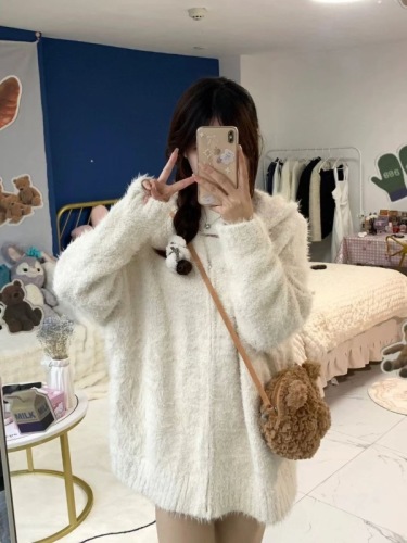 Imitation mink# Lazy style sweater cardigan coat for women autumn and winter furry loose zipper hooded sweater top