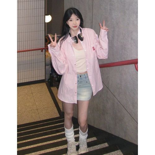 College style pink shirt for women 2024 spring and autumn contrast striped polo collar shirt jacket American loose top trendy