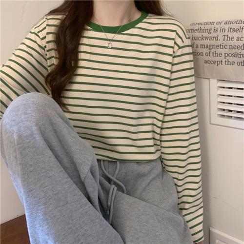 New autumn and winter loose round neck college retro pure cotton striped long-sleeved loose T-shirt bottoming shirt for women