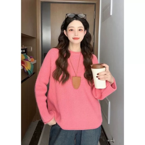 Orange round neck pullover sweater for women in autumn and winter, Korean atmosphere, lazy style sweater, early autumn chic top