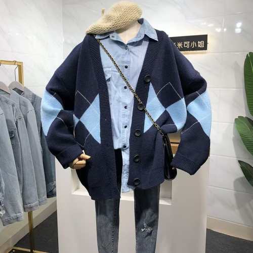 Korean style British style navy blue diamond plaid knitted cardigan sweater loose V-neck mid-length coat for women preppy style