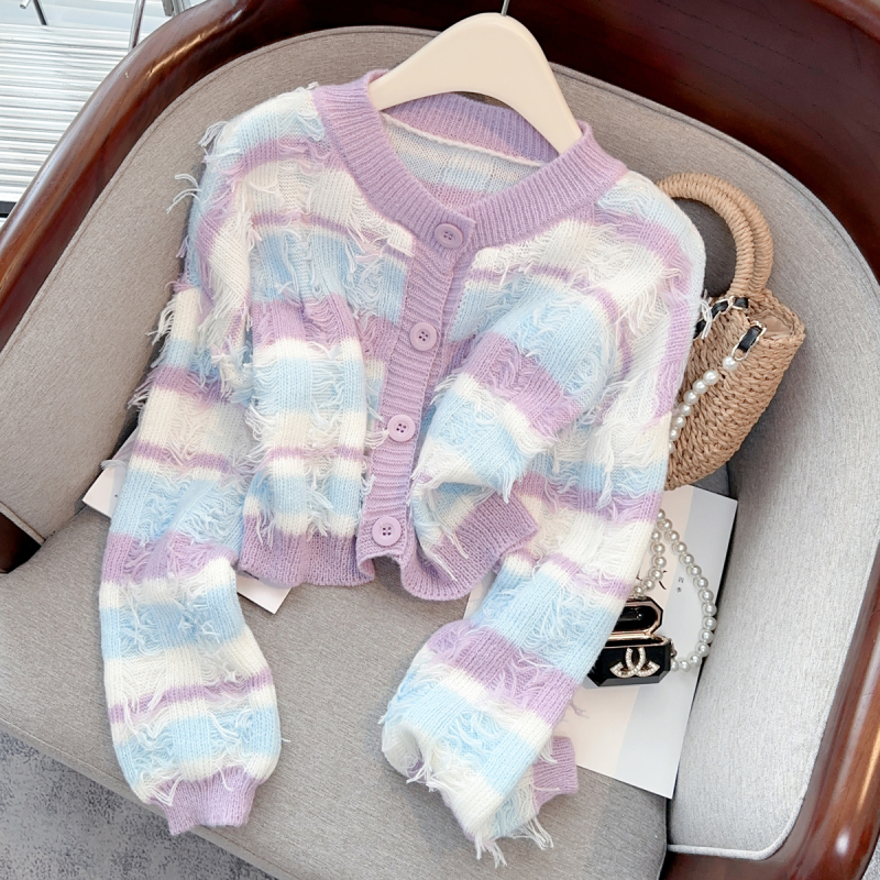 Early Autumn Fashionable Tassel Sweater Women's New Fashionable Striped Short Knitted Cardigan Niche Top