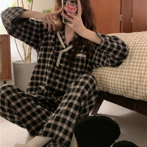 Spring and Autumn Korean style lazy plaid ins casual lapel long sleeve sweet home wear pajamas set for women