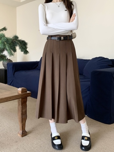 Autumn and winter new style retro high-waist slim drapey crotch-covering suit pleated skirt A-line long skirt for women