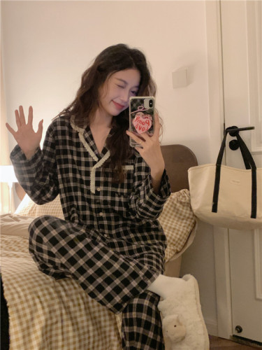 Spring and Autumn Korean style lazy plaid ins casual lapel long sleeve sweet home wear pajamas set for women