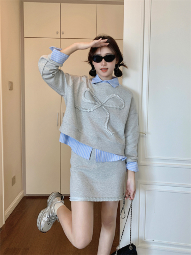 Autumn new layered short sweatshirt striped shirt lace skirt fashionable three-piece suit for women