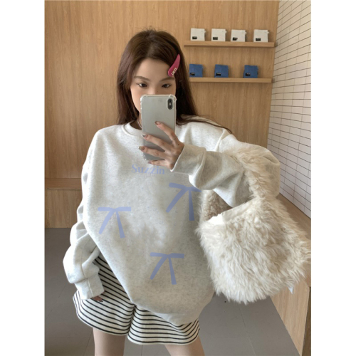 CVC cotton pasta wool Chinese cotton composite/milk silk 300g silver fox velvet 400g front printed round neck sweatshirt for women