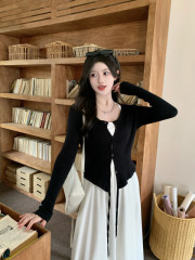 Women's pure lust style French style cool suspender simple white skirt with lace-up knitted shawl suit